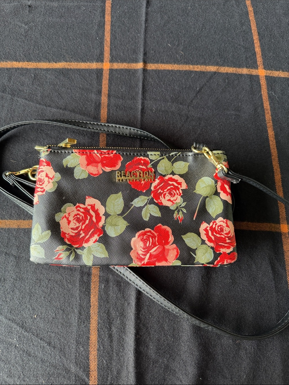 Kenneth Cole Reaction Black Crossbody with Red Rose Print